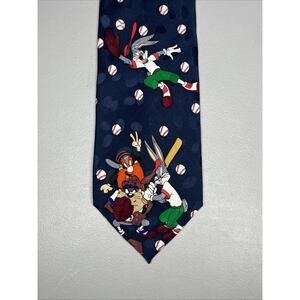 Vintage Looney Tunes Baseball Silk Tie Bugs Yosemite Tasmanian Taz Mens Necktie